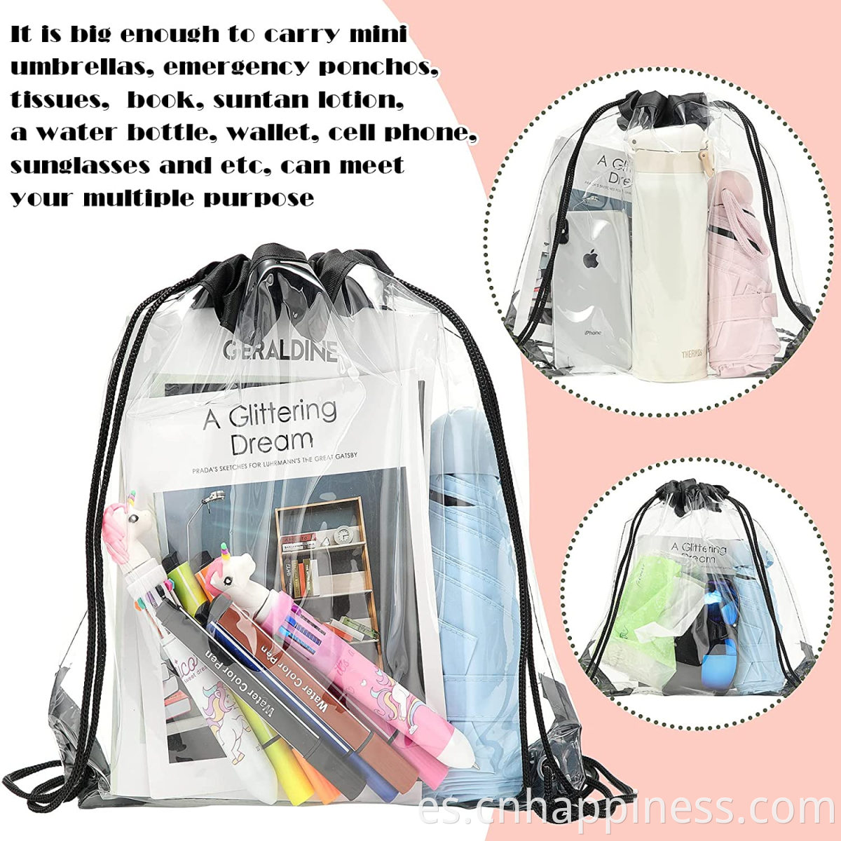 Bolsa de PVC PVC Impermeable de viaje Waites Fuerte Bolsa de plástico Logotipo personalizado Beach Beach Transparent Stadium Backpack String Bag